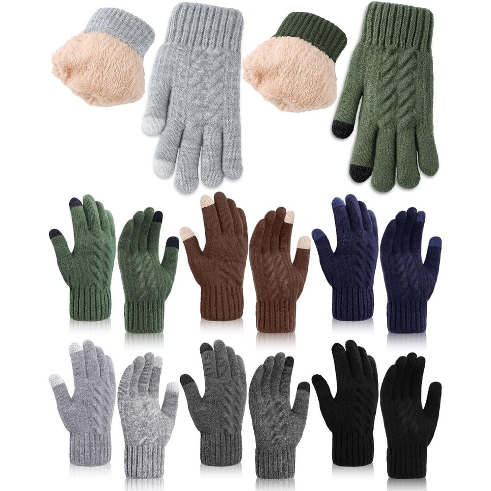 6 Pairs Winter Lined Fleece Gloves for Men Warm Thick Knit Gloves with Touchscre